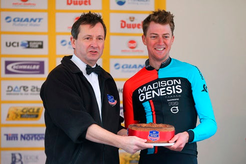 24th April 2016. CiCLE Classic 2016.Stephen Hallam presenting Tim Stewart from Team Madison Genesis with his superb prize for being the first rider into Melton Mowbray. Entirely appropriate that its Pork Pie!